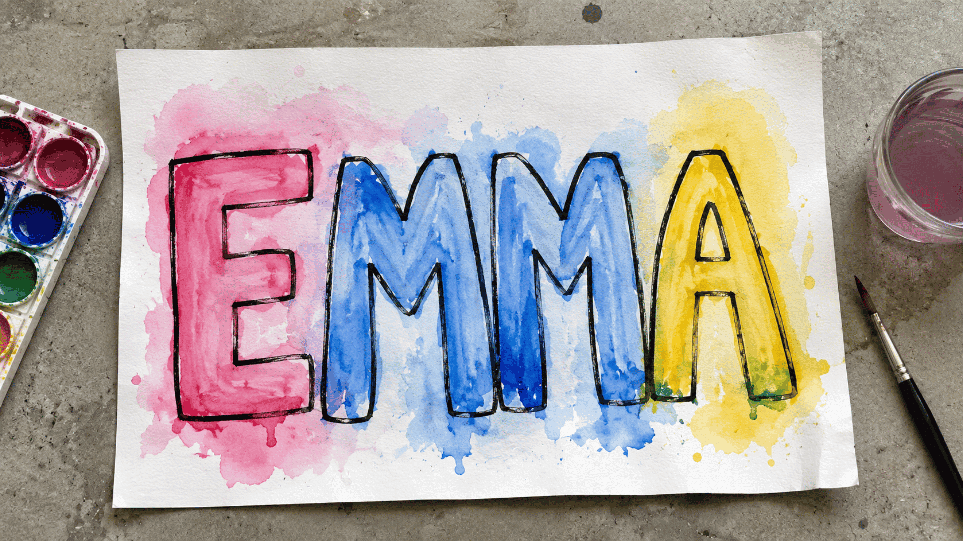 watercolor name art with pink blue and yellow paint on gray cement floor