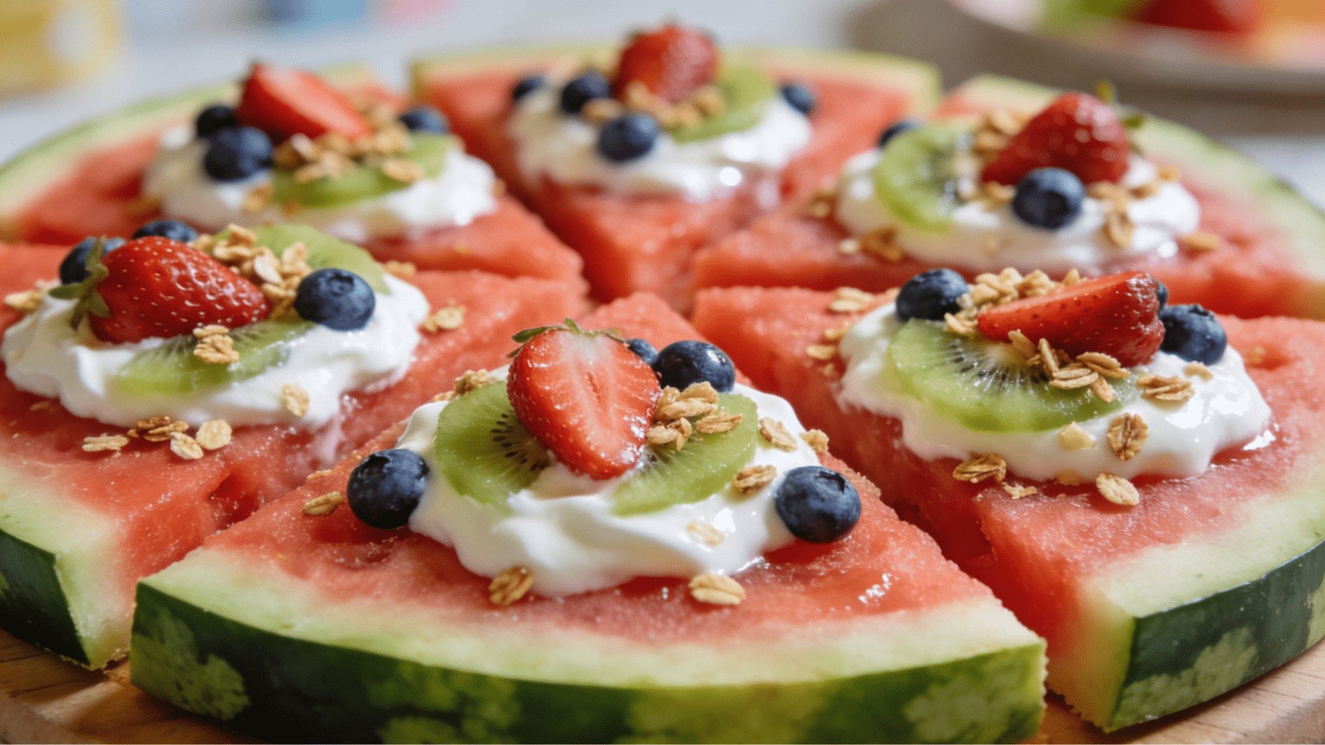 watermelon pizza slices topped with yogurt berries kiwi and granola for a birthday party