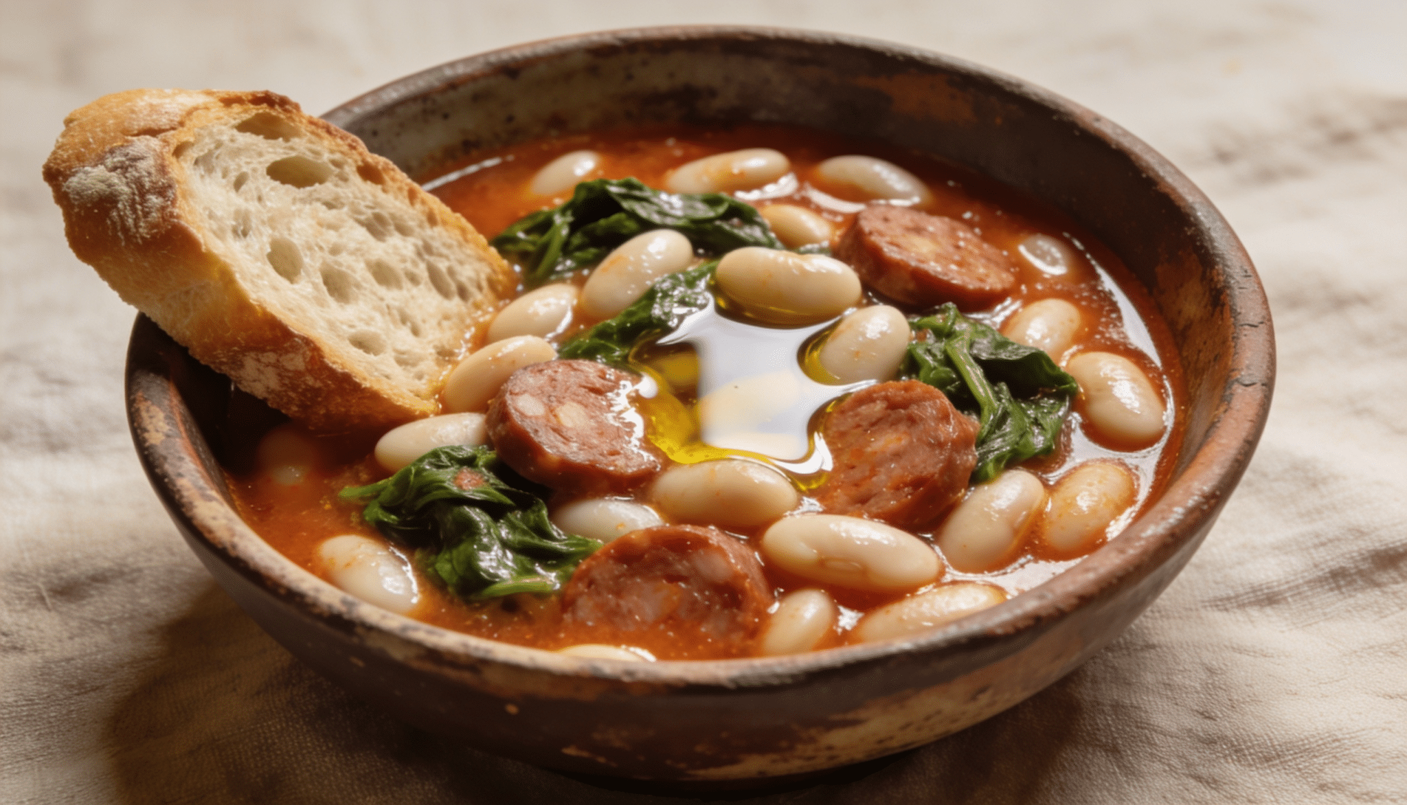 white bean tuscan soup with creamy white beans, spinach, sausage slices, olive oil, and crusty bread served in a rustic ceramic bowl