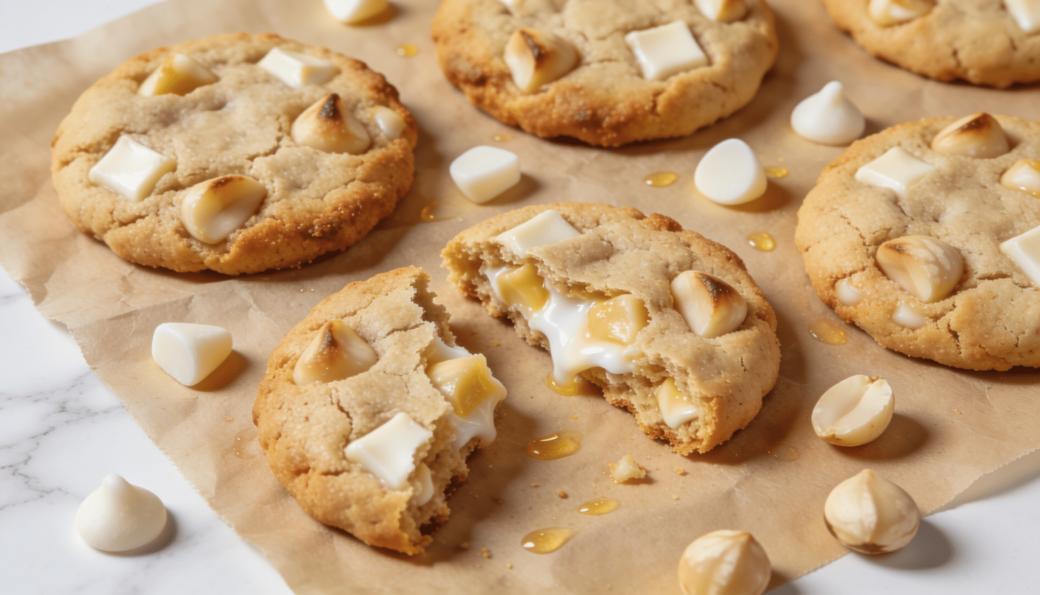 white chocolate macadamia coconut flour cookies with melted white chocolate filling and macadamia nuts on parchment paper