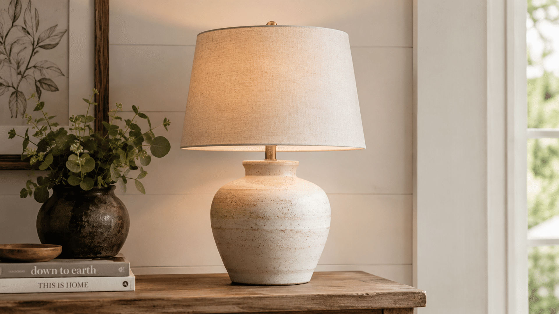 white light farmhouse table lamp kept on a rustic wooden table with a clay vase behind it in an indoor setting with visible sunlight glare