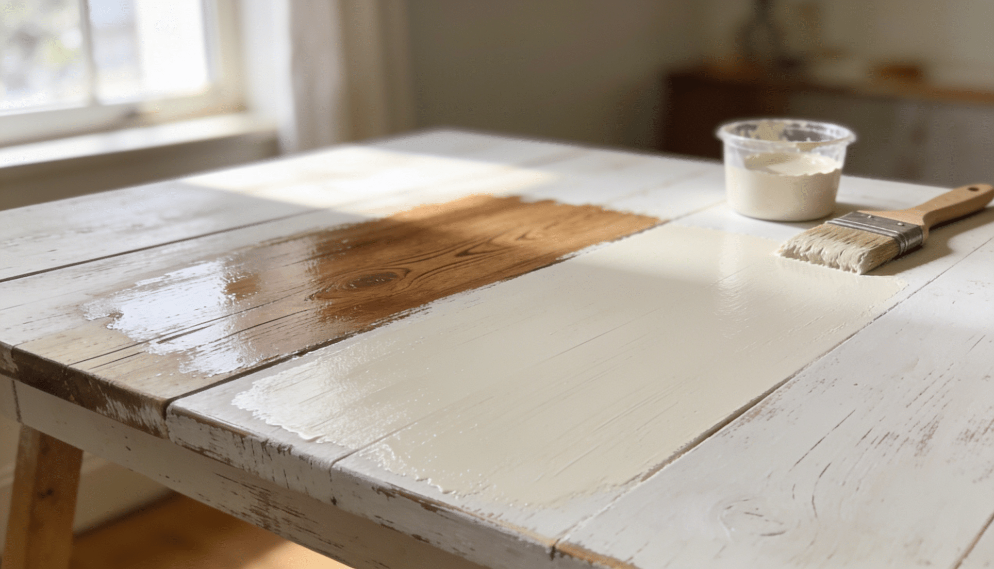 whitewashed wooden table drying near a window, showing visible wood grain