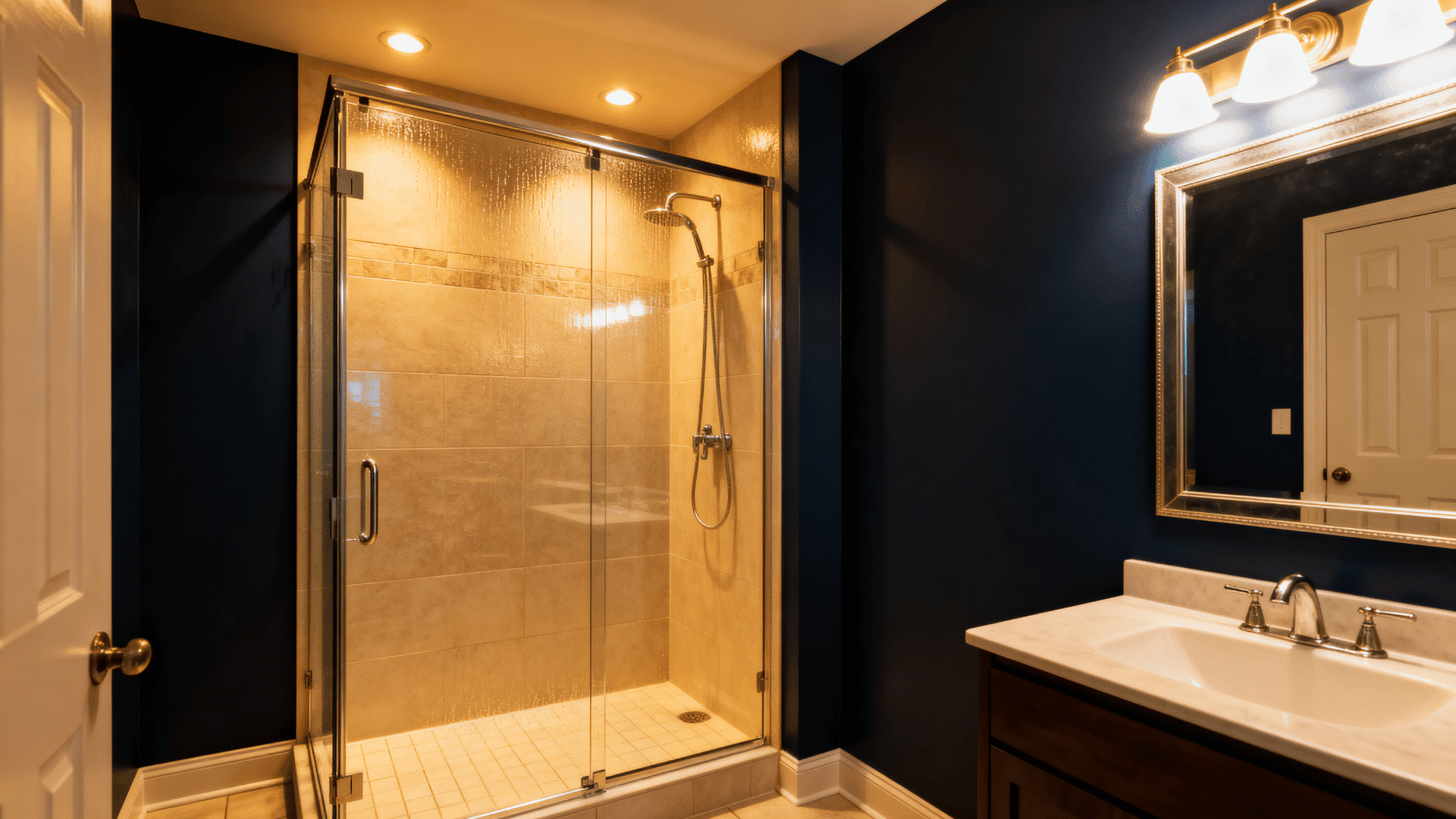 windowless walk-in shower with warm recessed lighting inside