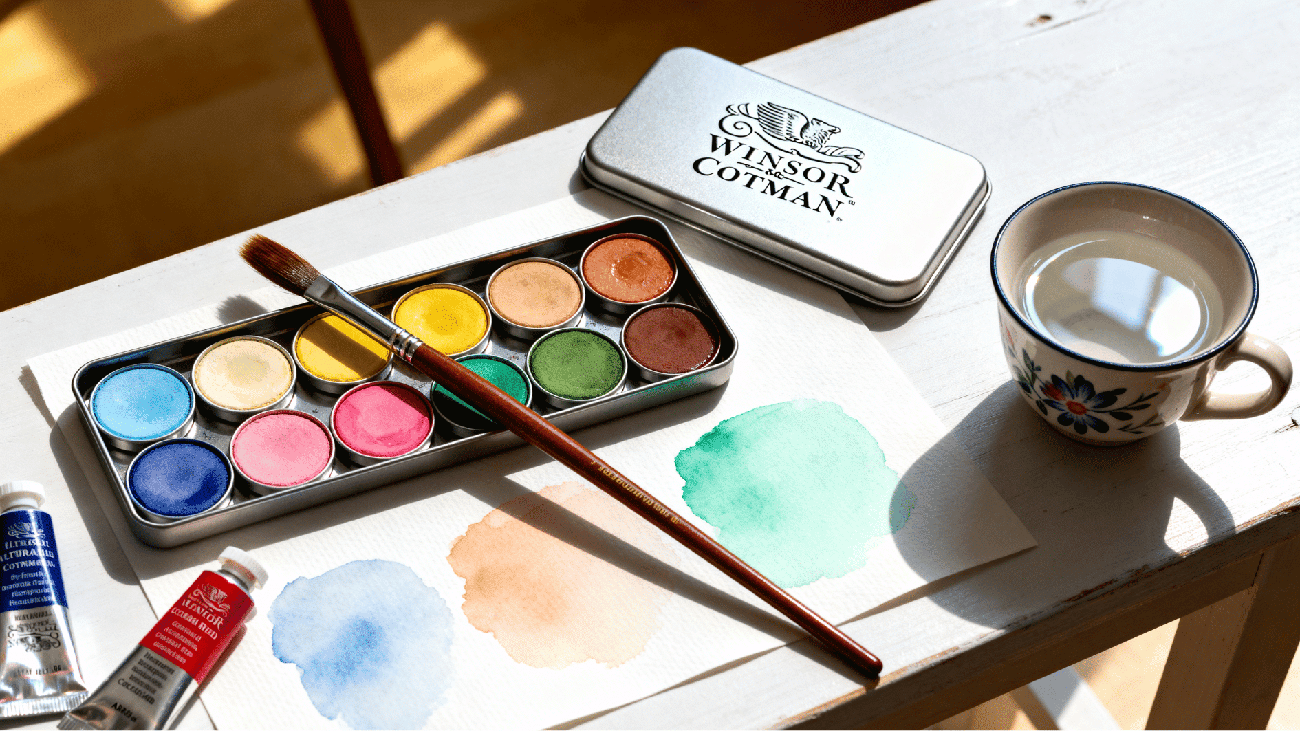 winsor & newton cotman watercolor set on white desk with pans, brush, color swatches and ceramic water cup in natural light