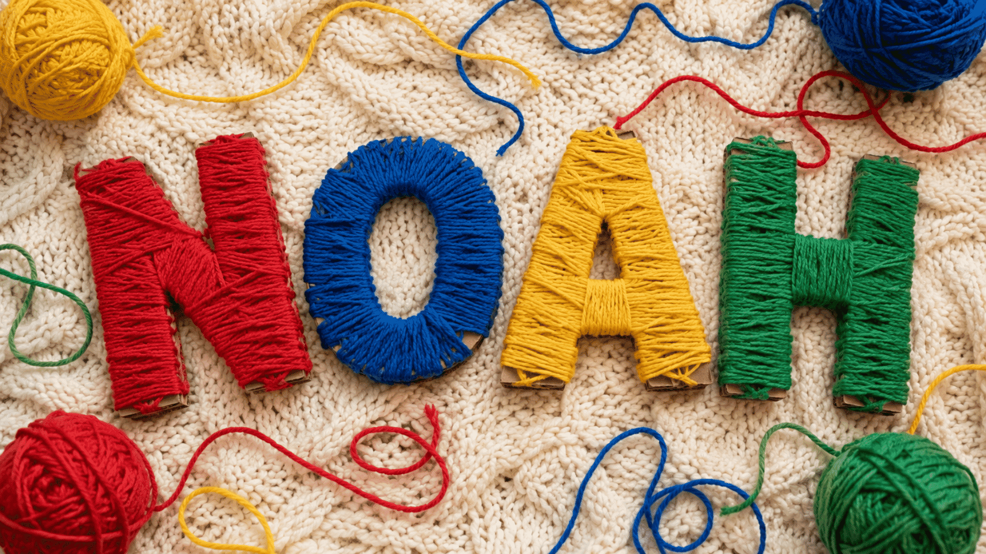 yarn wrapped cardboard letters in red blue yellow and green on cream blanket