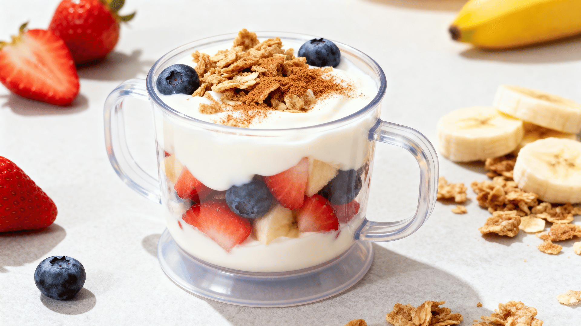 yogurt parfait with soft fruit and crushed cereal in a toddler cup
