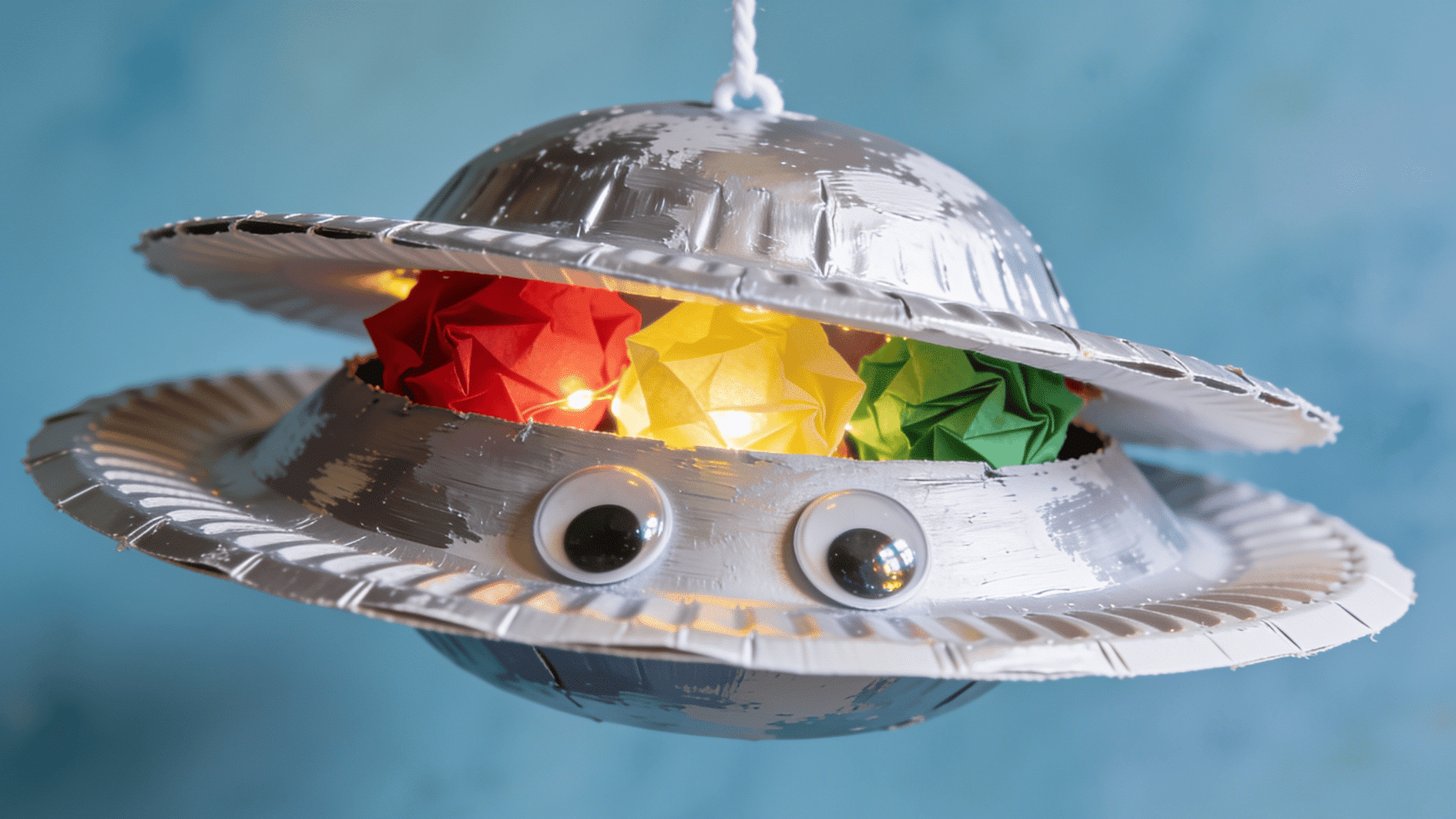 A child's handmade UFO craft made from two silver-painted paper plates glued rim to rim, with tissue paper lights peeking from a gap and googly eyes, hanging from a string against a soft blue back