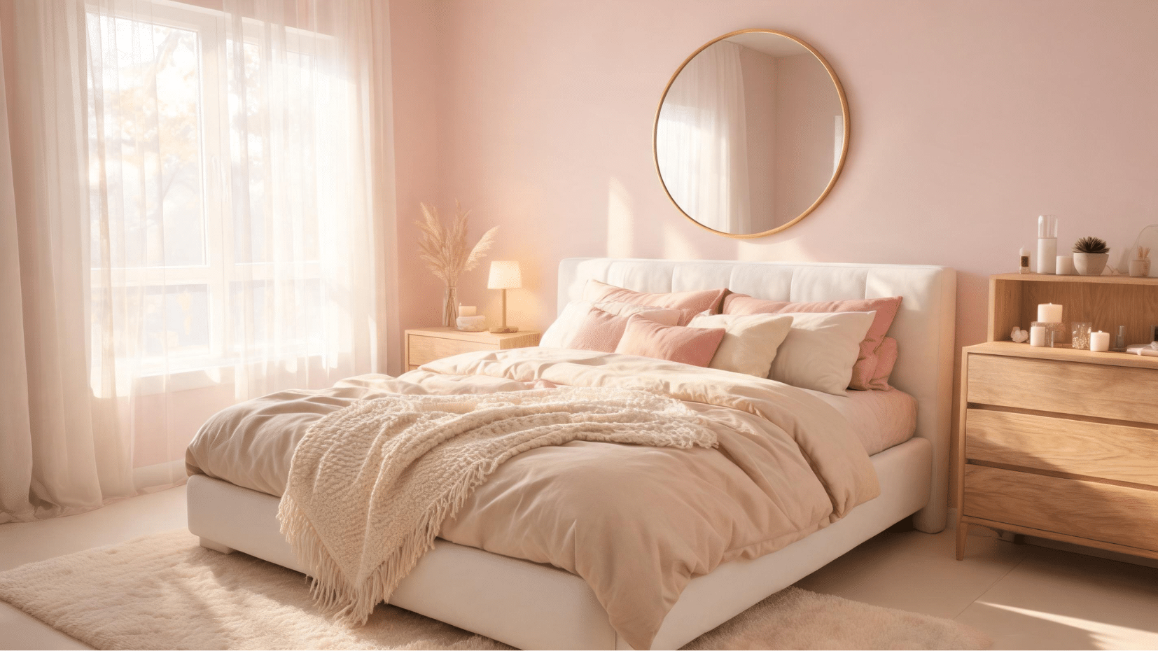 a cozy bedroom with pink walls and warm natural lighting
