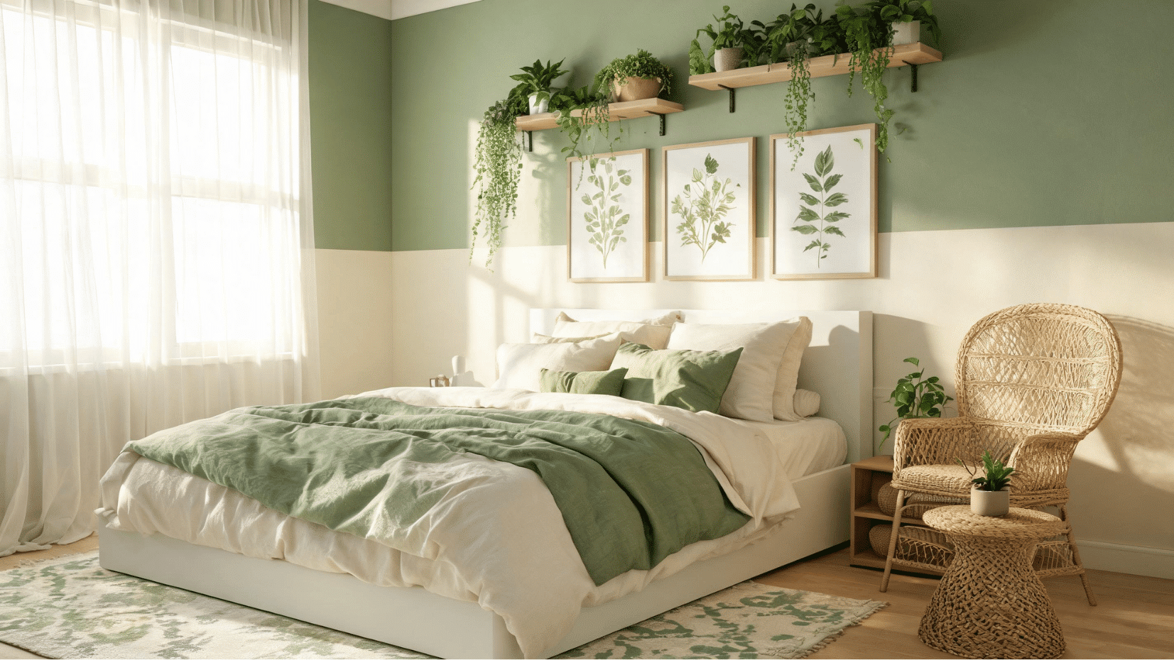 a cozy green and beige bedroom with plants and wicker chair