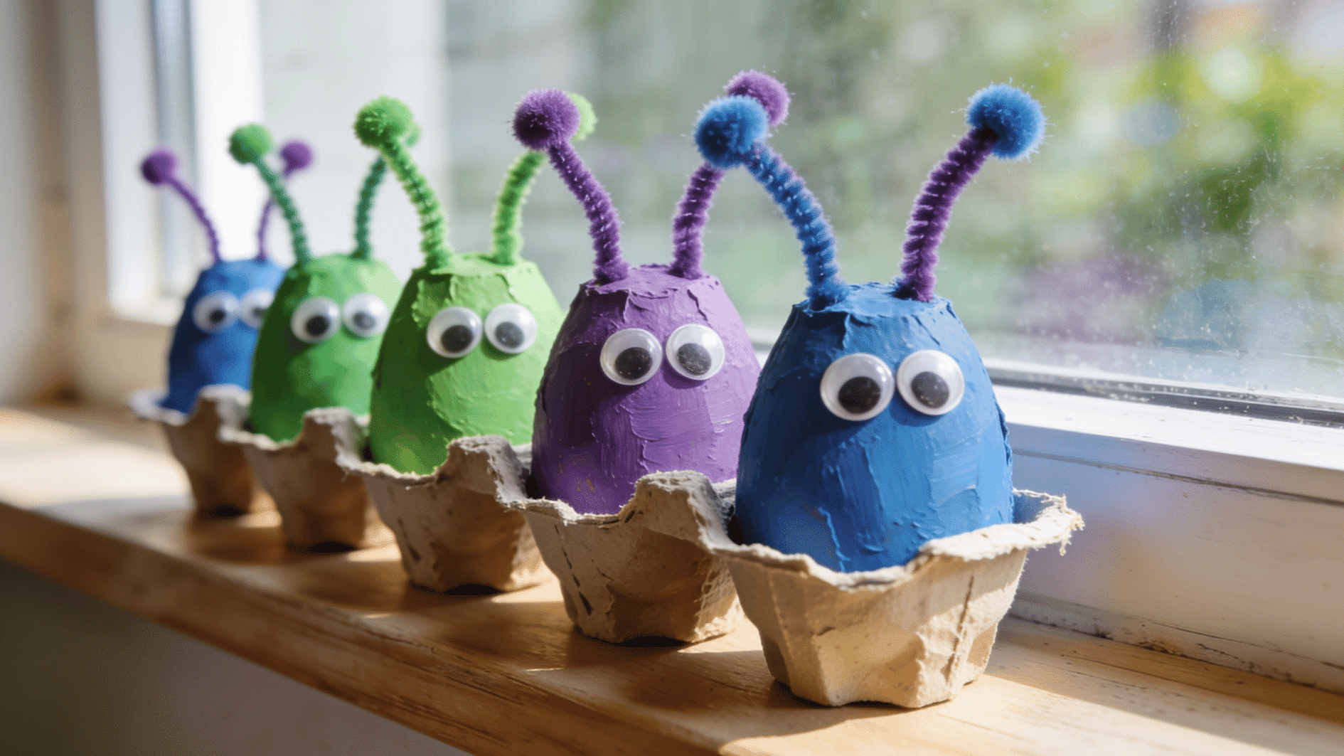 A row of colorful egg carton alien crafts with pipe-cleaner antennae and googly eyes, painted in bright greens, purples, and blues, standing on a windowsill