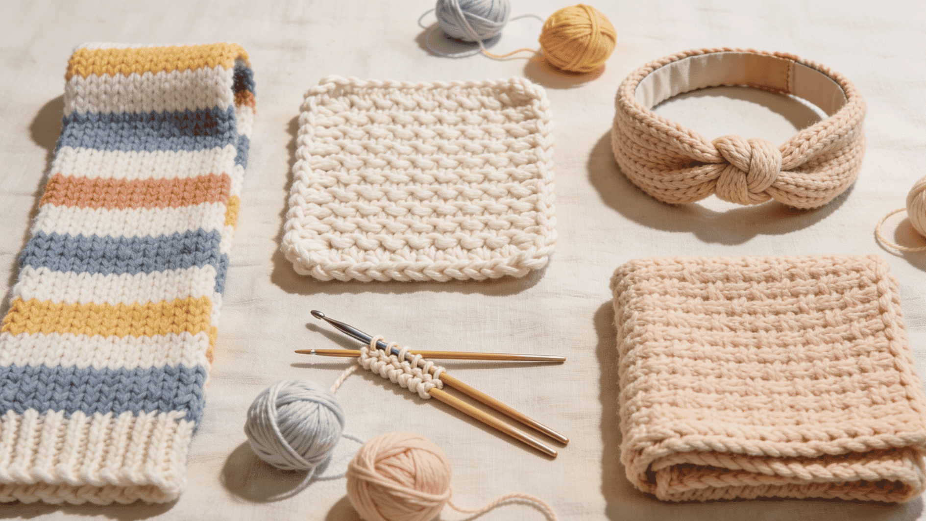 a striped scarf, a textured dishcloth, a knotted headband, and a folded small blanket, shown in both crochet and knit versions side by side. A crochet hook and a pair of knitting needles lie toget