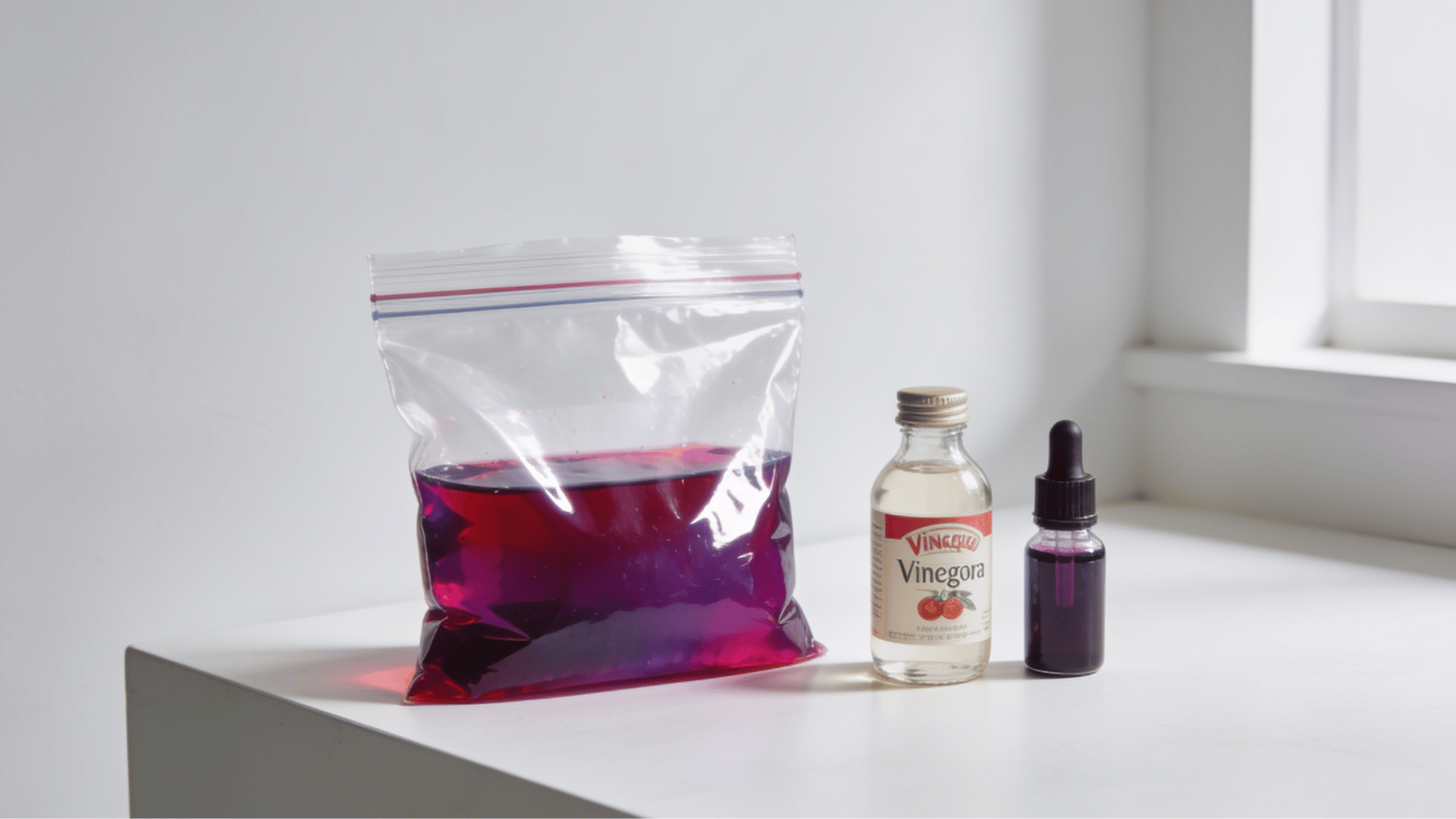 a zip lock bag with bright liquid dye beside food coloring bottles and white vinegar on a clean counter