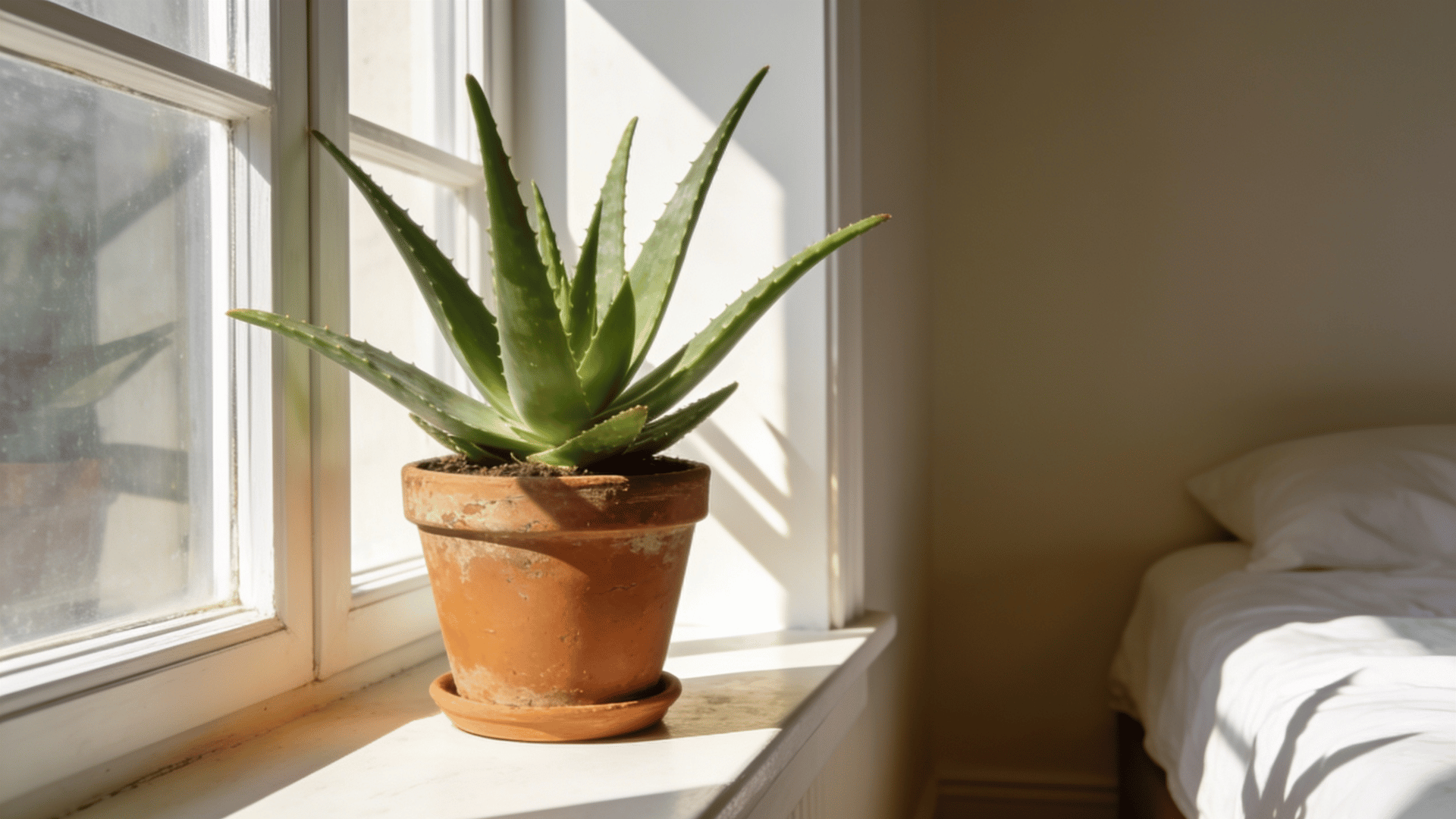 aloe vera plant in a terracotta pot on a sunny bedroom windowsill beside a bed