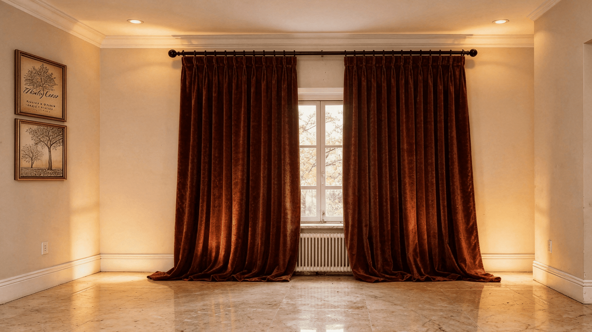 an elegant, formal dining room with heavy floor-to-ceiling velvet curtains in a deep jewel tone, fabric pooling dramatically in soft folds on a polished floor, warm ambient lighting, ornate furnit