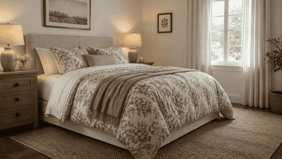 angled wide shot of a bed dressed in muted floral patterned bedding in soft beige cream and dusty rose tones plain white sheets underneath simple taupe throw at the foot of the bed light wood nigh