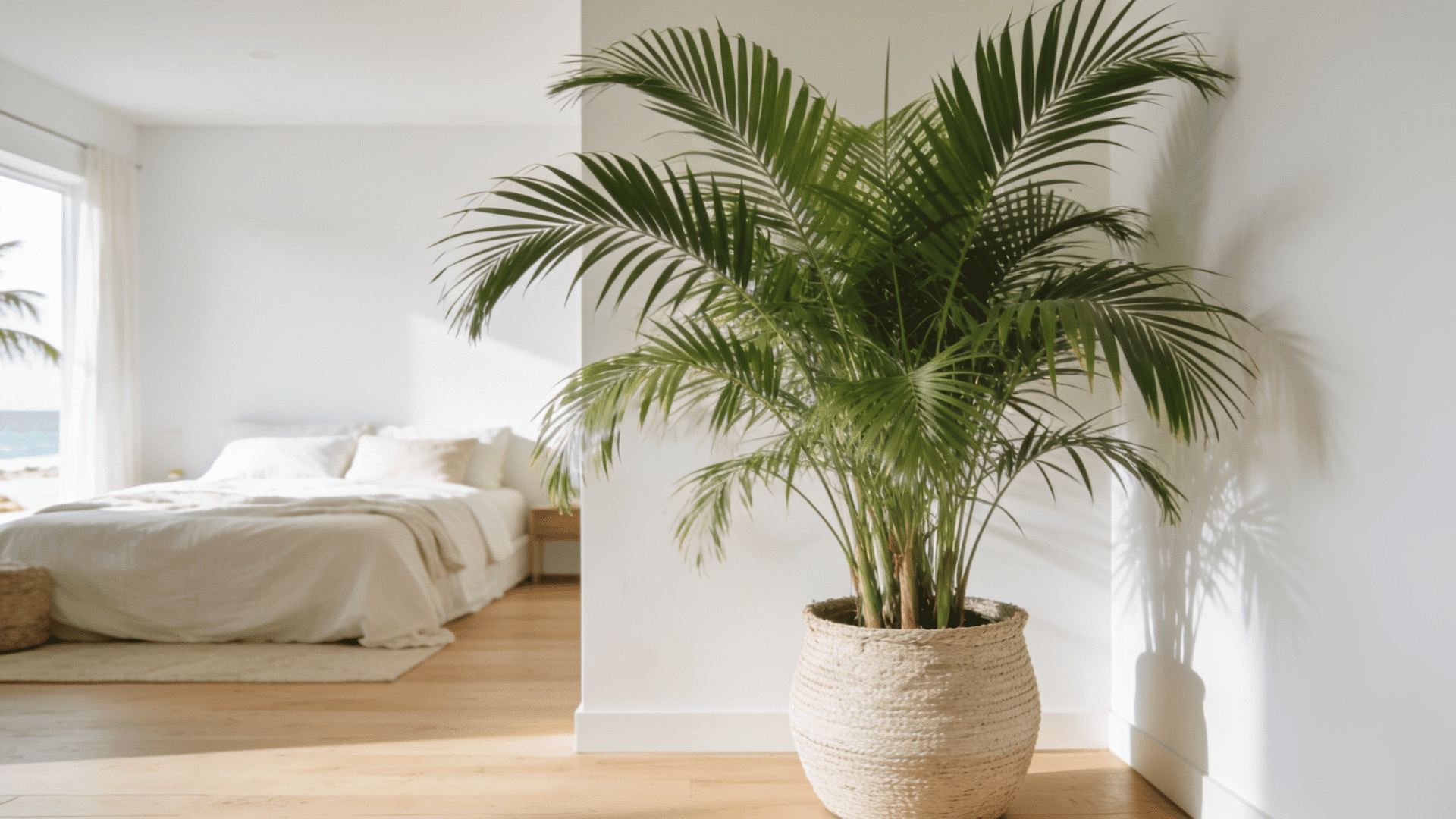 areca palm in a woven basket planter in a spacious bedroom with bright natural light
