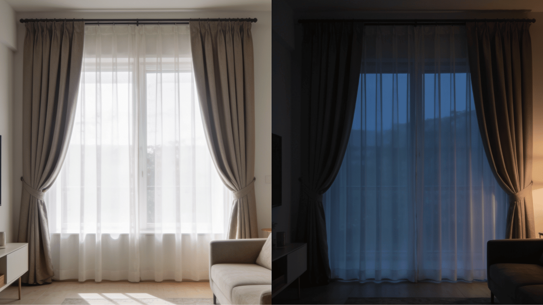 layered window curtains arranged for daytime light and nighttime privacy with sheer curtains and outer drapes closed