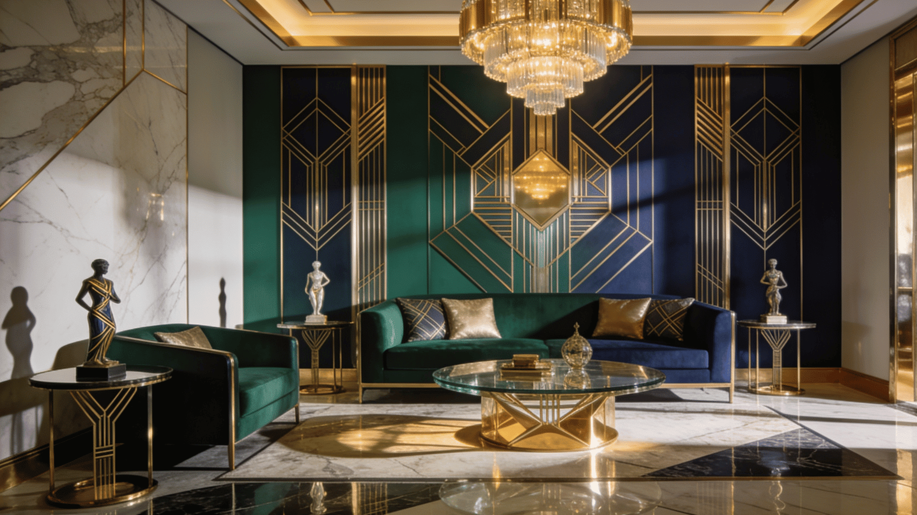 art deco living room with gold accents geometric patterns marble surfaces and glamorous lighting design