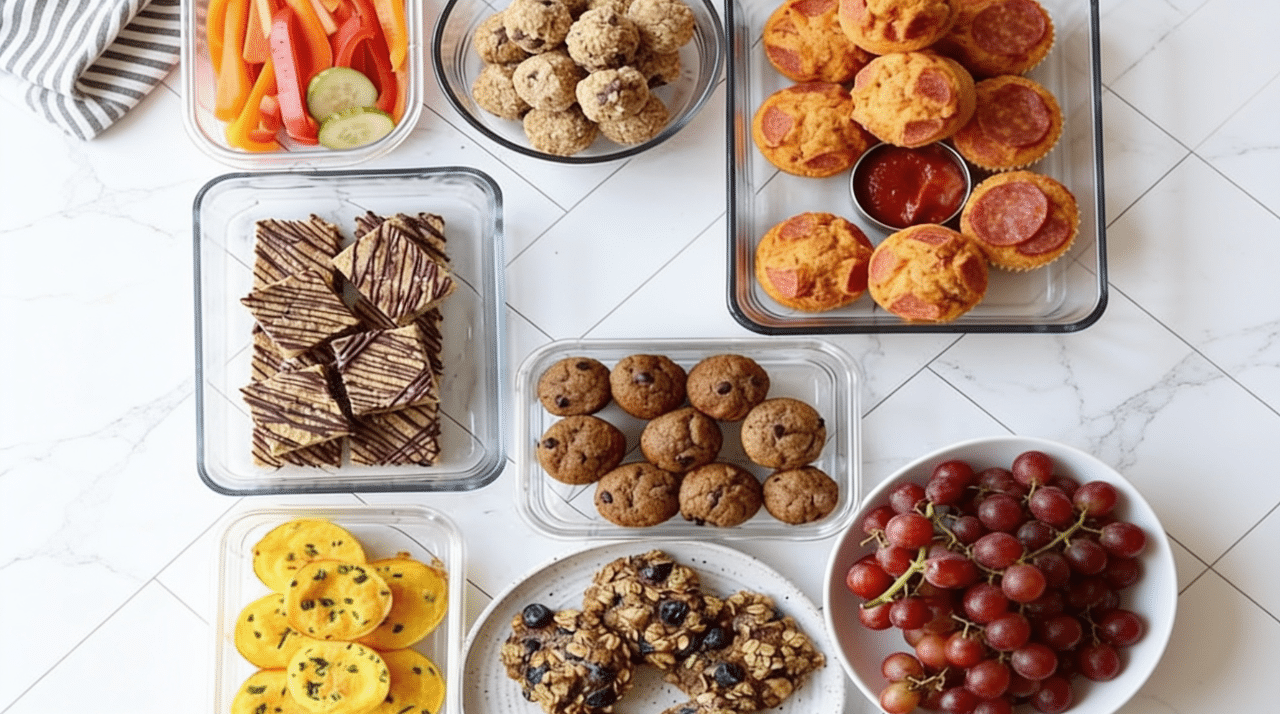 assorted healthy snacks arranged in containers with fruit vegetables muffins