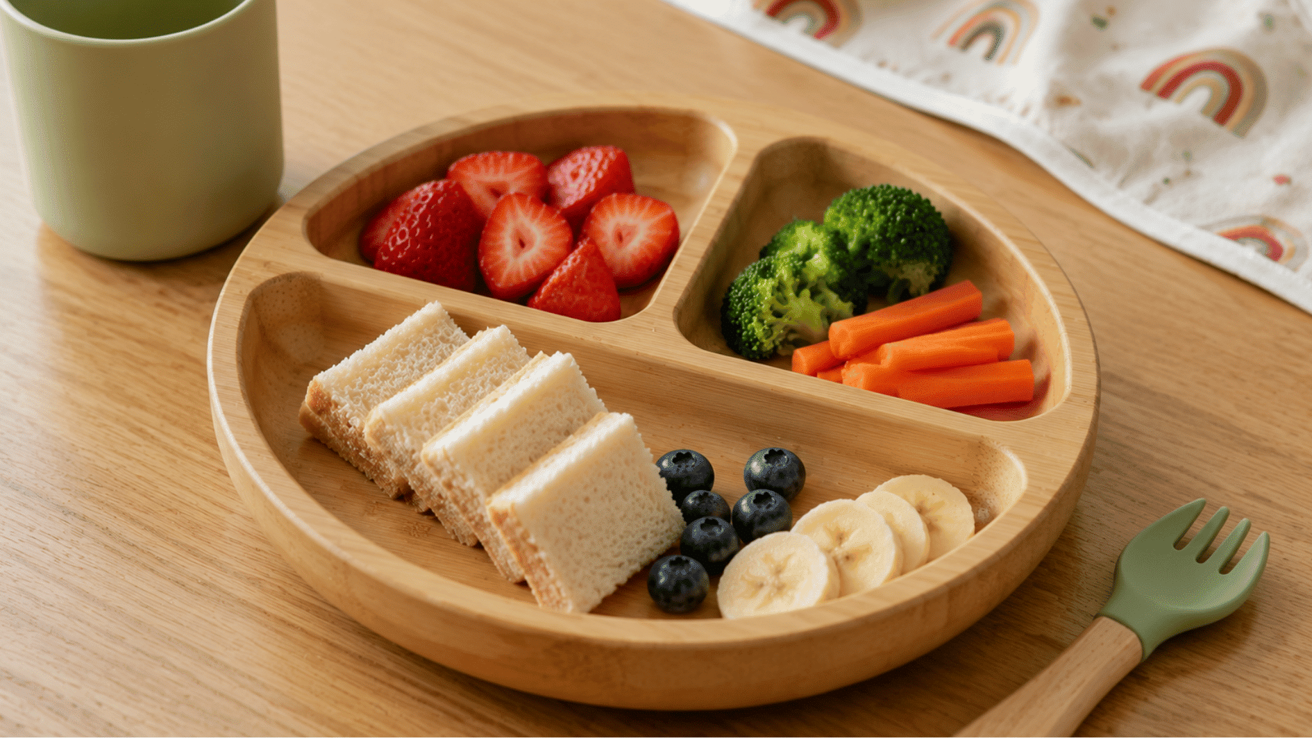 **Alt Text:** bamboo kids plate with divided sections holding snacks and fruits on a wooden table during mealtime
