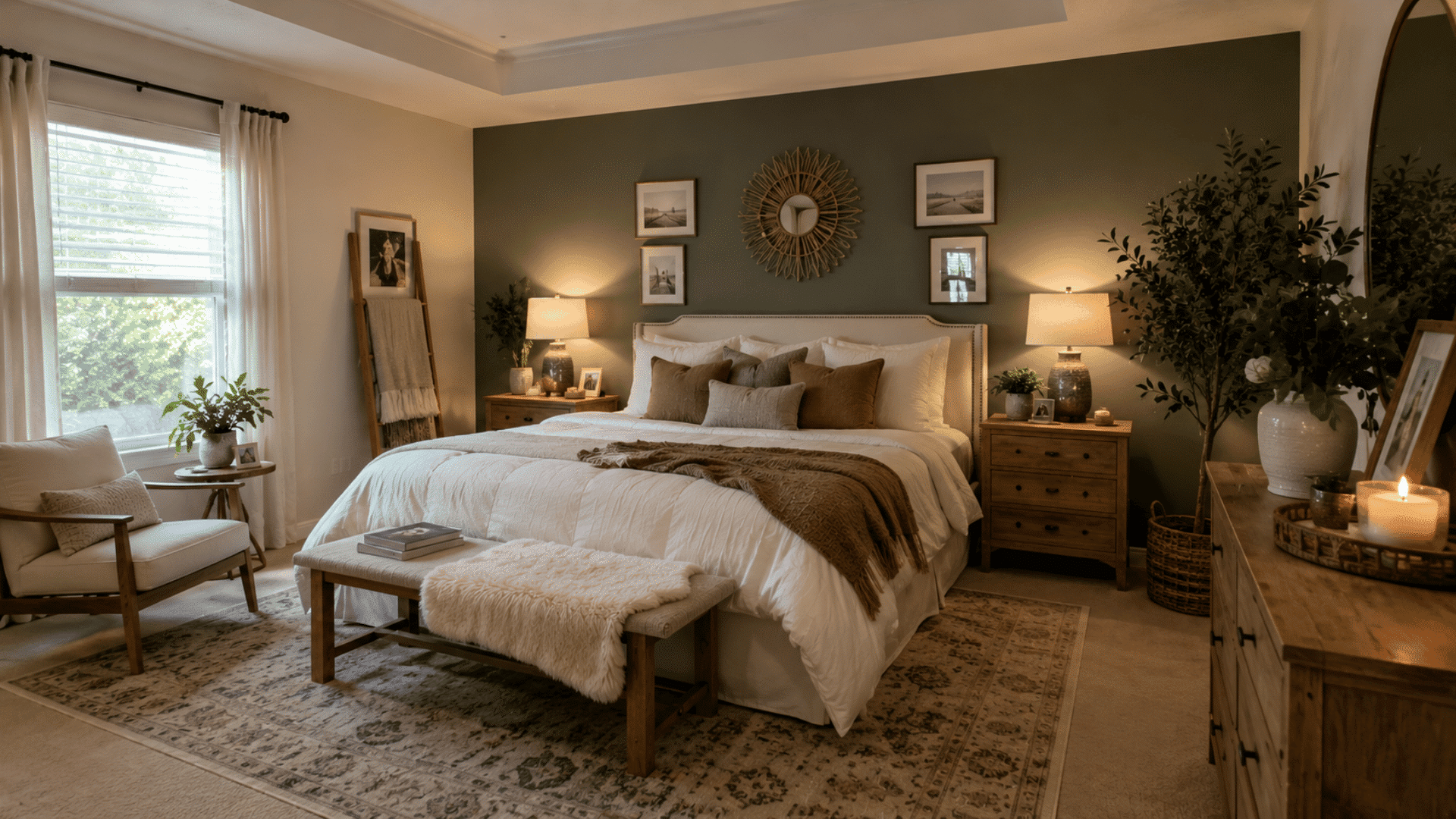 beautifully decorated bedroom with an olive green accent wall, layered framed art, cozy neutral bedding and warm lamp lighting