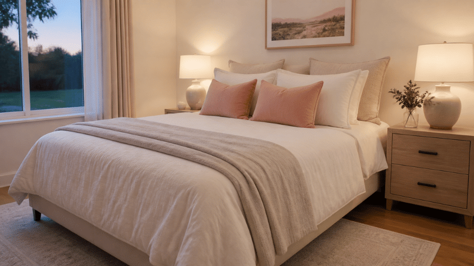 bedroom interior angled view of a neatly made bed with white and cream bedding muted dusty pink accent pillows placed in front of neutral beige cushions