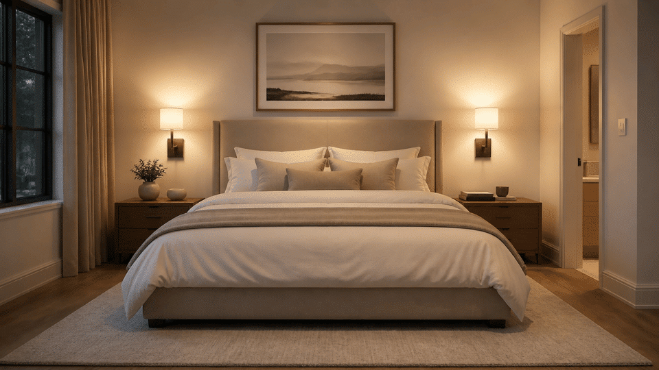 bedroom interior centered front view of a bed with built in wall sconces on both sides instead of table lamps warm soft light glowing from sconces