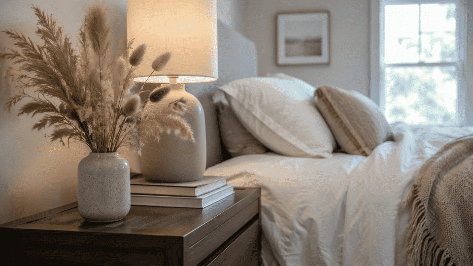 bedroom interior close angled view of a bedside nightstand styled with a small ceramic vase holding dried pampas grass and bunny tails stacked books beside it