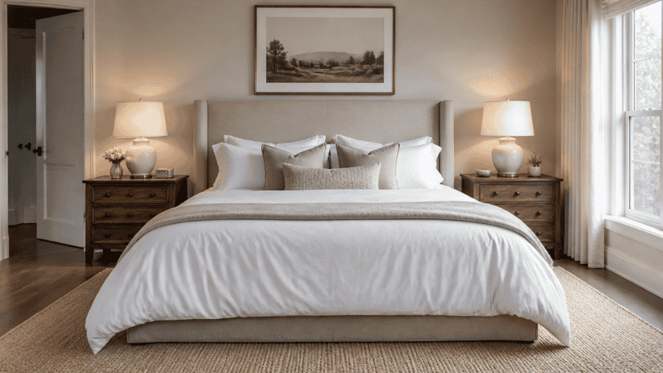 bedroom interior evening scene of a bedroom lit entirely with warm white lighting, bedside lamps and ceiling fixture glowing softly in 2700K tone white bedding with beige throw taupe pillows soft
