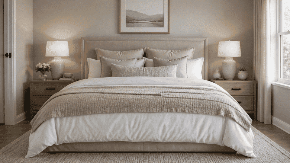 bedroom interior front facing wide shot of a neatly styled bed featuring layered pillows in cream and taupe tones white bedding base with soft beige throw folded at the foot symmetrical pillow arr
