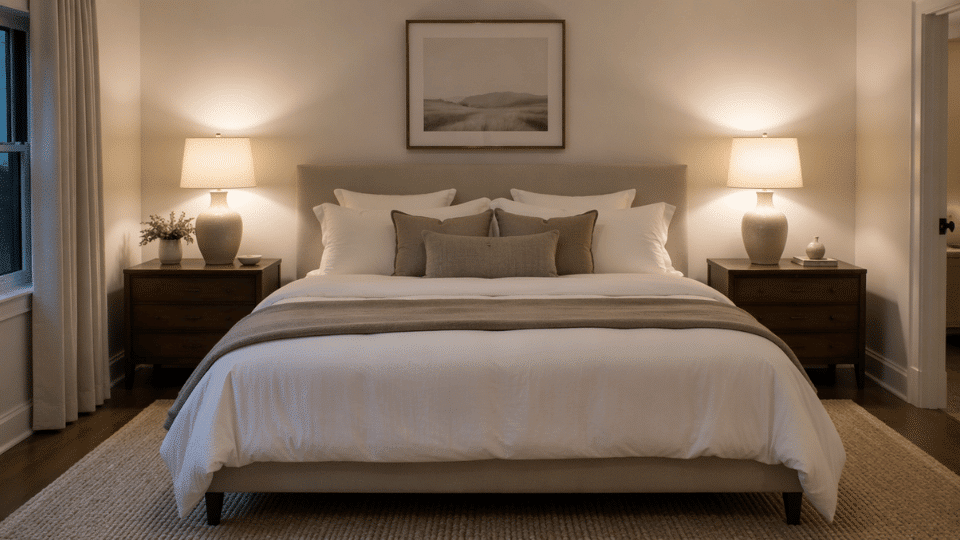 bedroom interior straight on symmetrical view of a bed with identical bedside lamps on both nightstands warm white lamp glow white bedding with soft beige throw