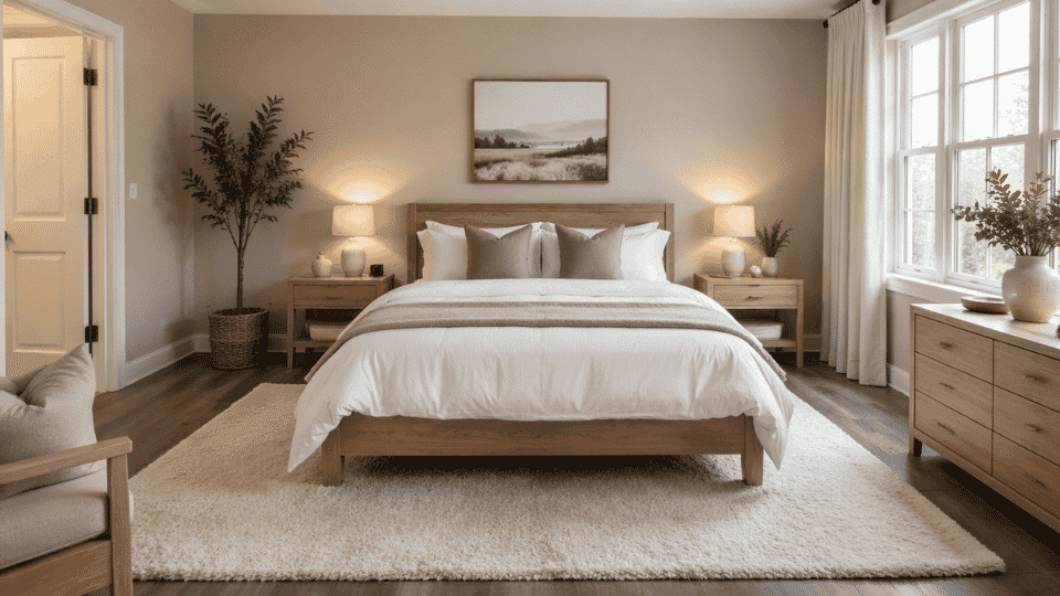 bedroom interior wide angle front view of a bedroom featuring a soft cream area rug under a bed light wood furniture including bed frame and nightstands