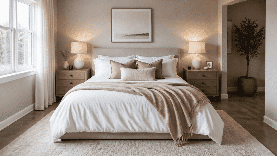 bedroom interior wide angle front view of a neatly made bed with white bedding and a soft muted pink blanket draped across the lower third