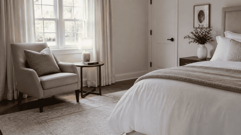 bedroom interior, wide-angle view showing a bedroom corner with a small upholstered accent chair placed near a window, soft neutral-toned cushion on the chair, small round side table with a book a