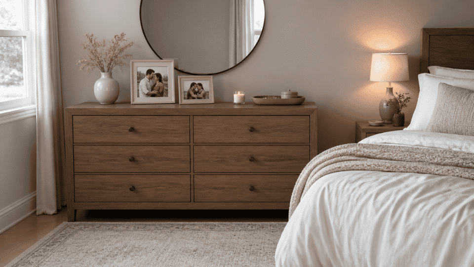 bedroom interior wide shot focused on a wooden dresser styled with framed couple photos in neutral frames small ceramic vase with dried flowers one candle and a minimal decor tray bed partially vi