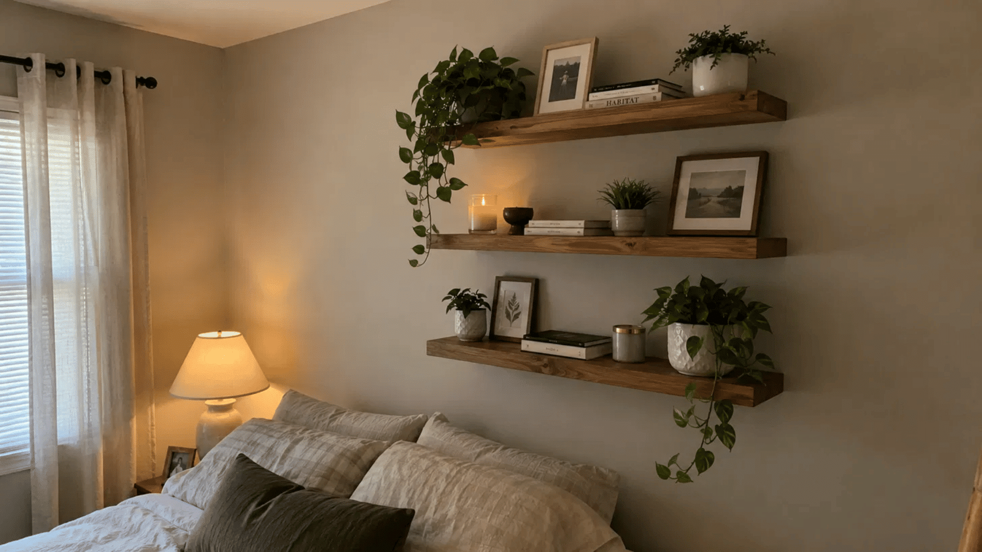 bedroom wall with three rustic wood floating shelves styled with trailing plants, candles, books, and framed prints