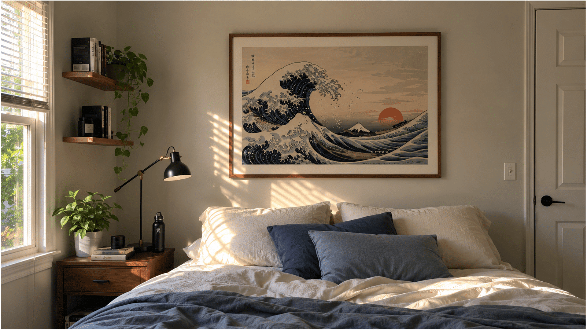 bedroom with a large framed great wave print above the bed, blue linen bedding and warm natural window light