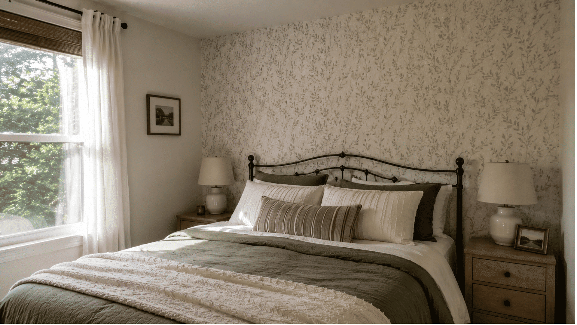 bedroom with a subtle botanical peel-and-stick wallpaper feature wall, sage green bedding and warm natural light