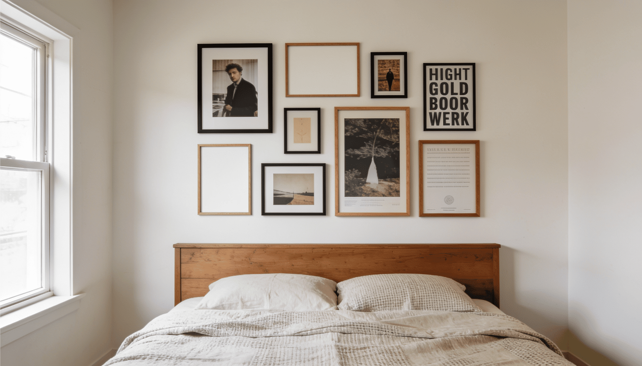 bedroom with a wood headboard bed under an eclectic gallery wall of mixed photo, art, and typography frames
