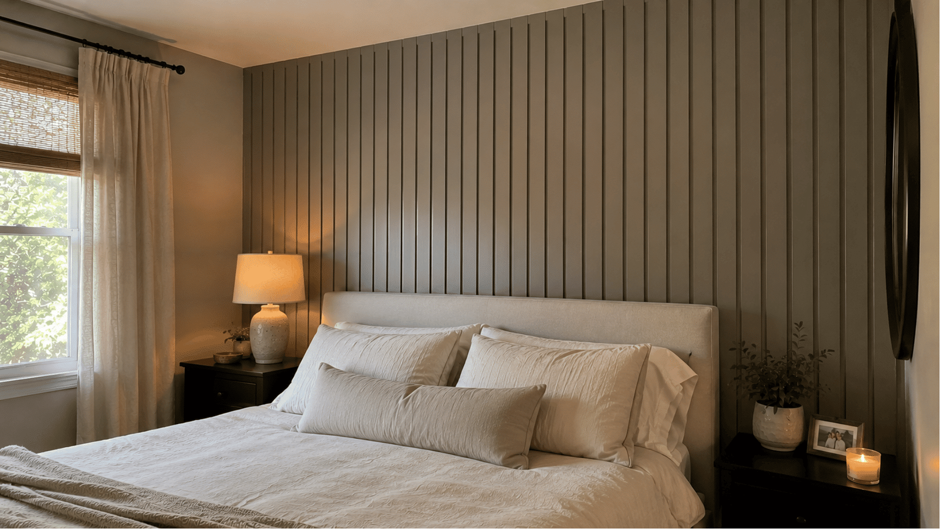 bedroom with full height gray vertical wood slat wall paneling behind the bed, white linen bedding and warm candlelight