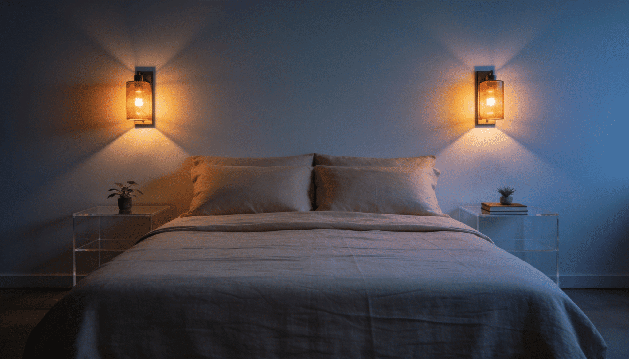 bedroom with matching wall sconces casting warm amber light beside a bed, glass nightstands, dim blue ambiance