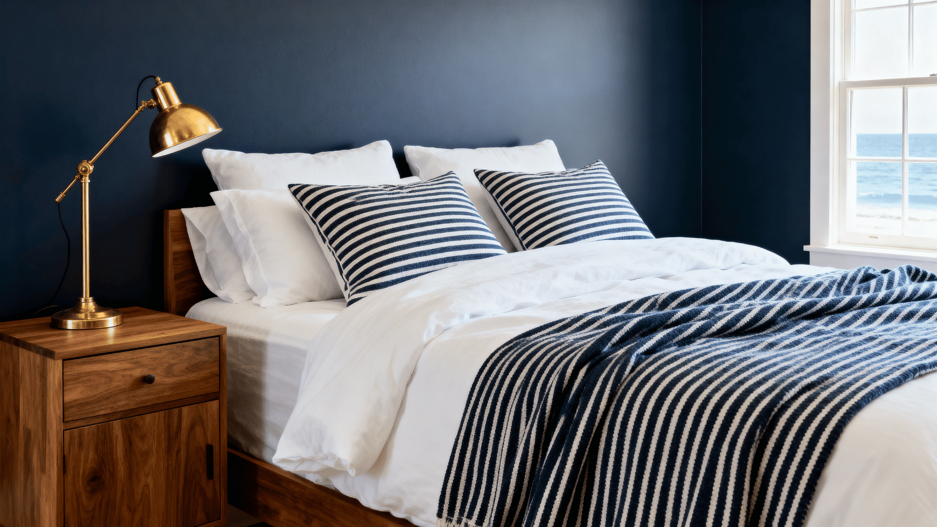 bedroom with navy accent wall white bedding blue layers wood furniture and brass accents in full room view