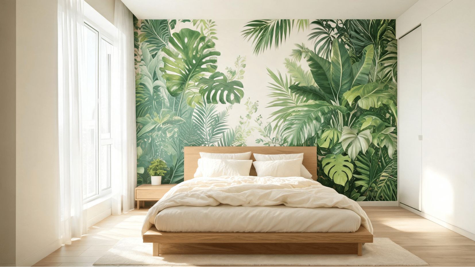 bedroom with tropical leaf mural wall and wood bed