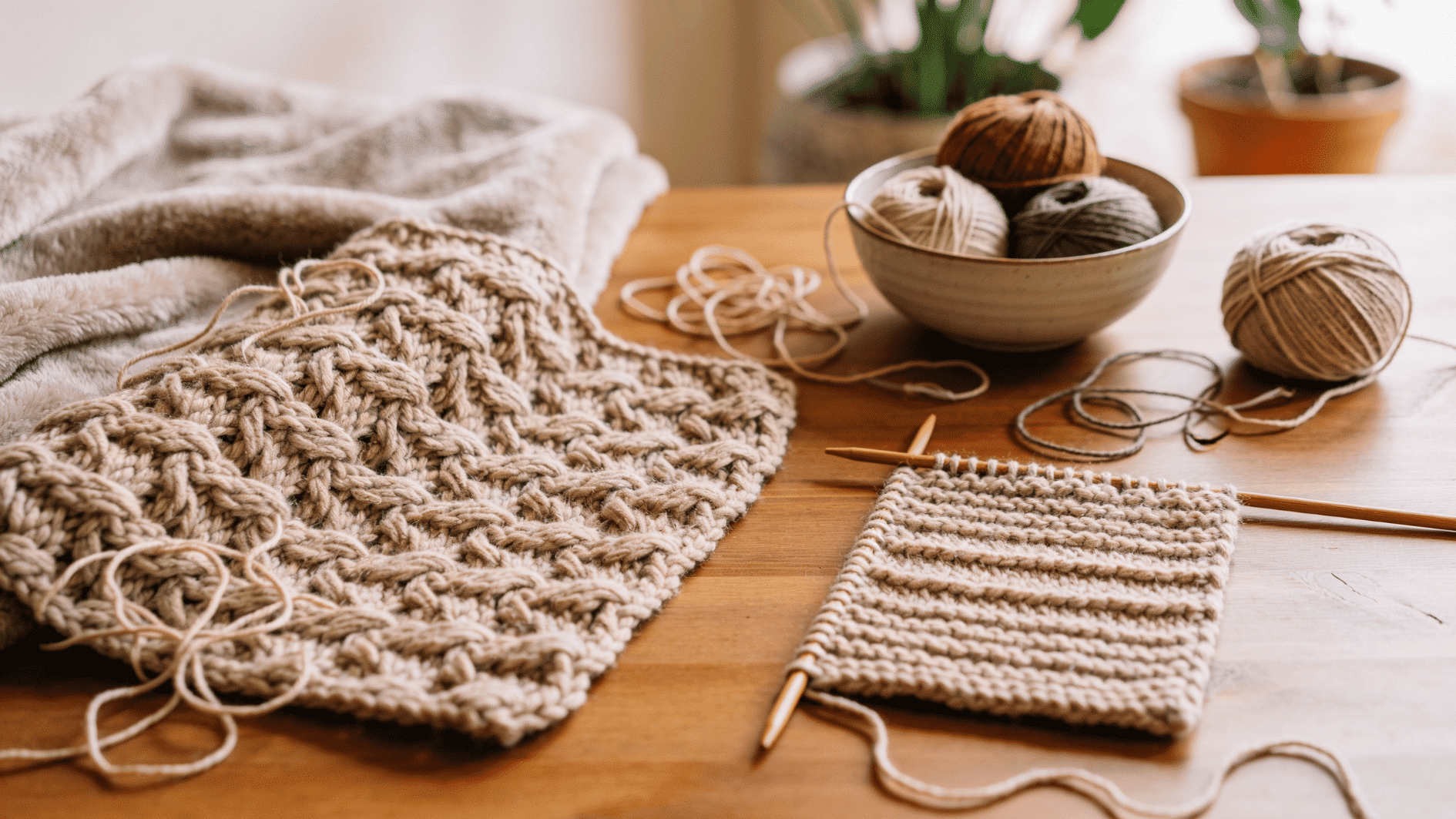 beginner crochet and knitting practice materials, simple stitch samples, yarn pieces, crochet hook, knitting needles, pattern notes without readable text