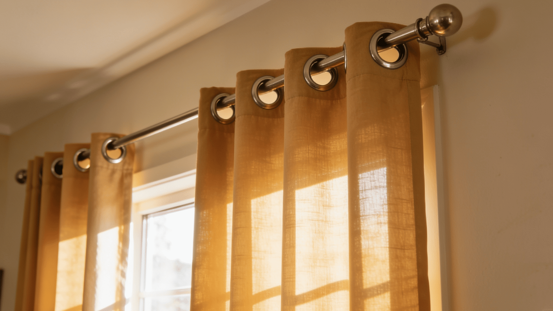 beige eyelet curtains hanging on a silver rod with soft folds sunlight streaming through a modern window