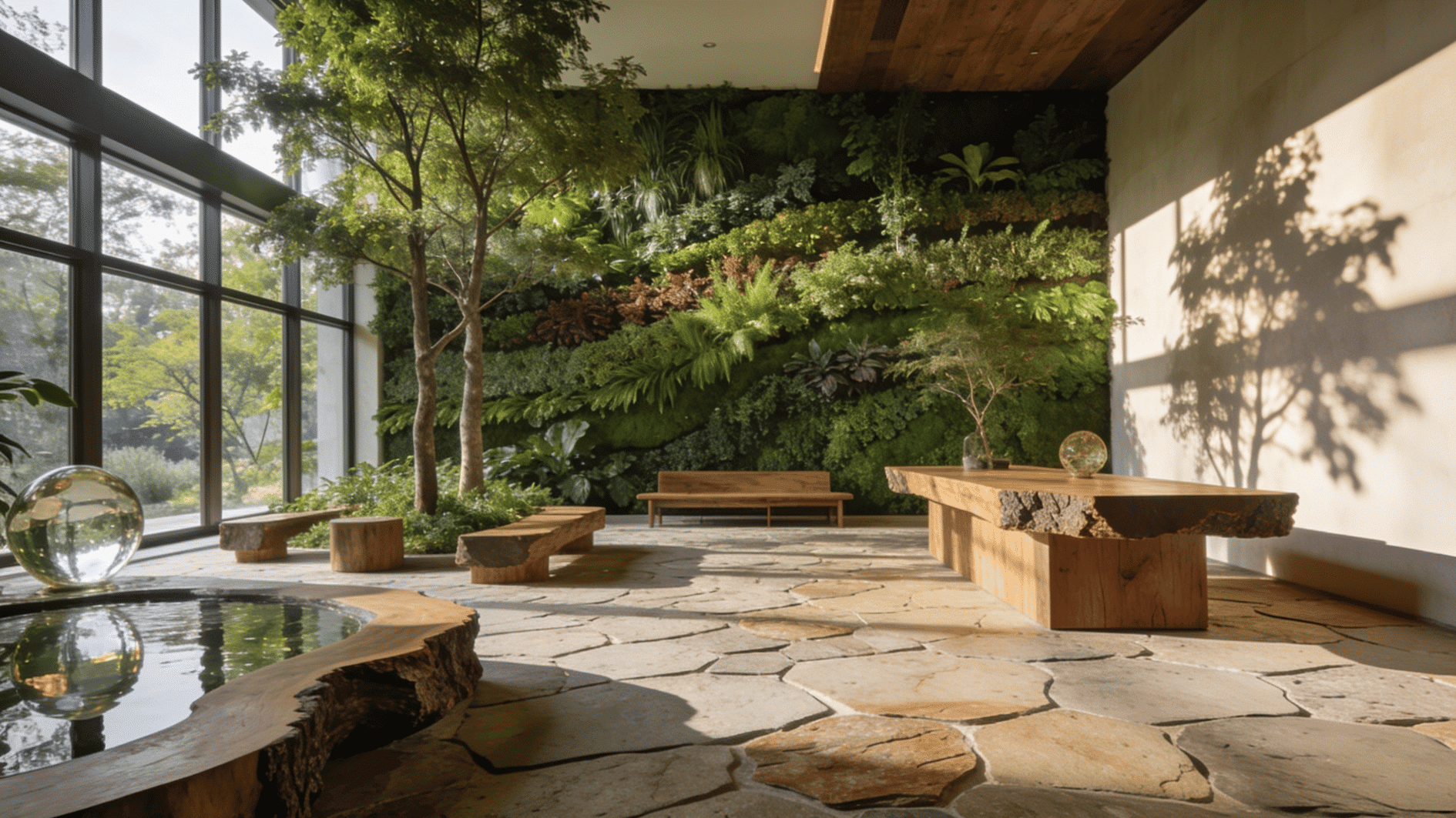 biophilic living room filled with indoor plants natural light wood textures and wellness inspired green interior design