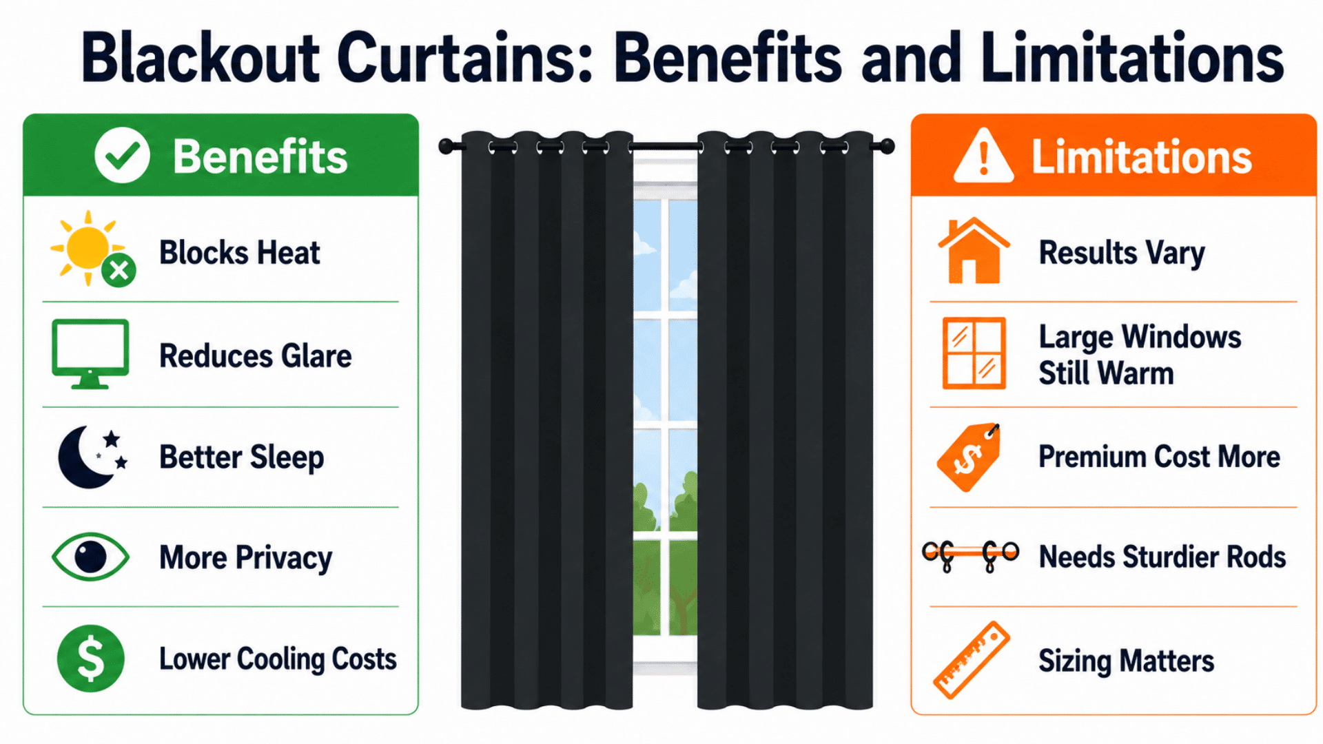 blackout curtains benefits and limitations infographic with green and orange columns and flat icons