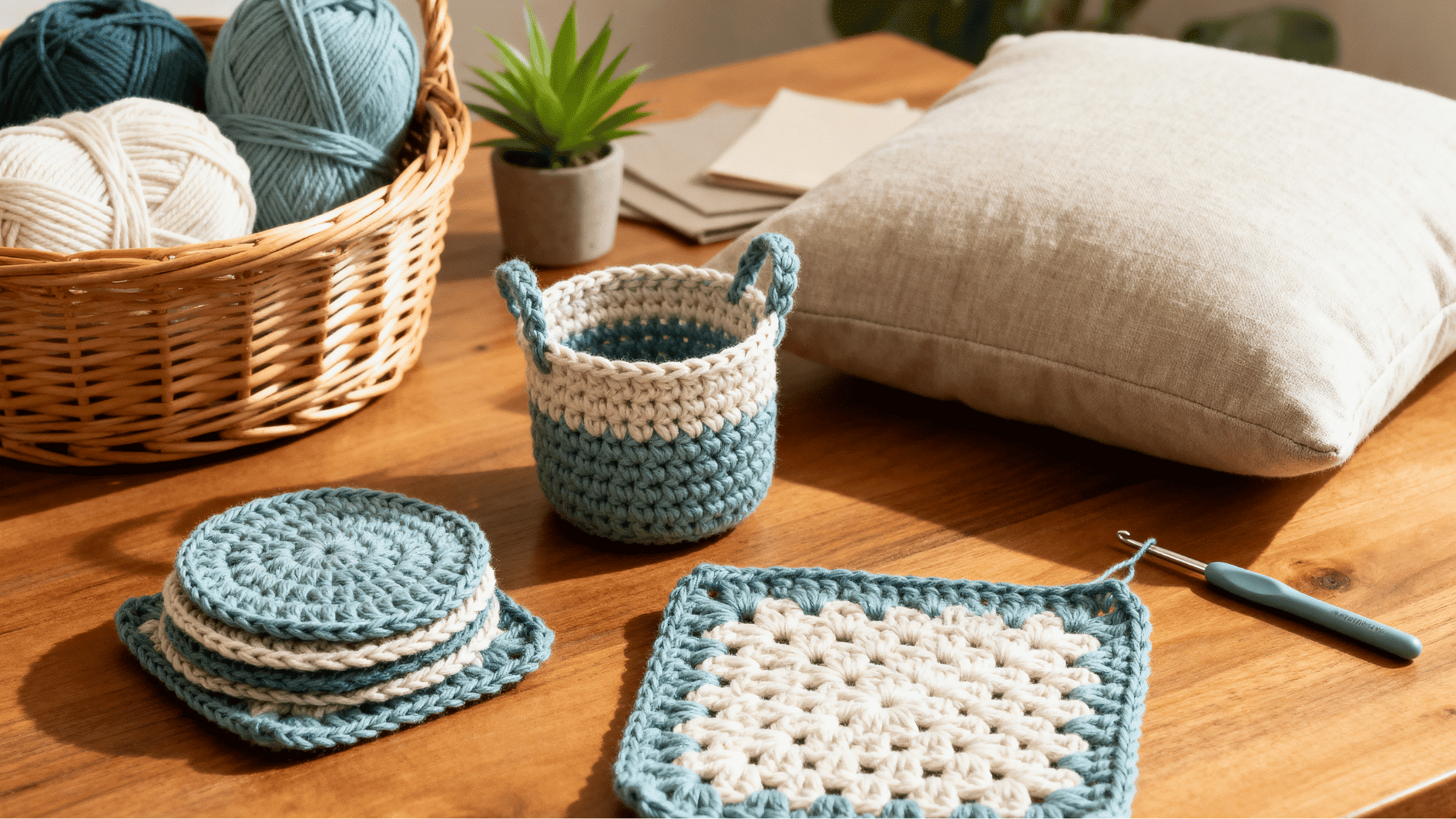 blue and cream crochet basket, coasters, and square home project on a sunny wooden craft table