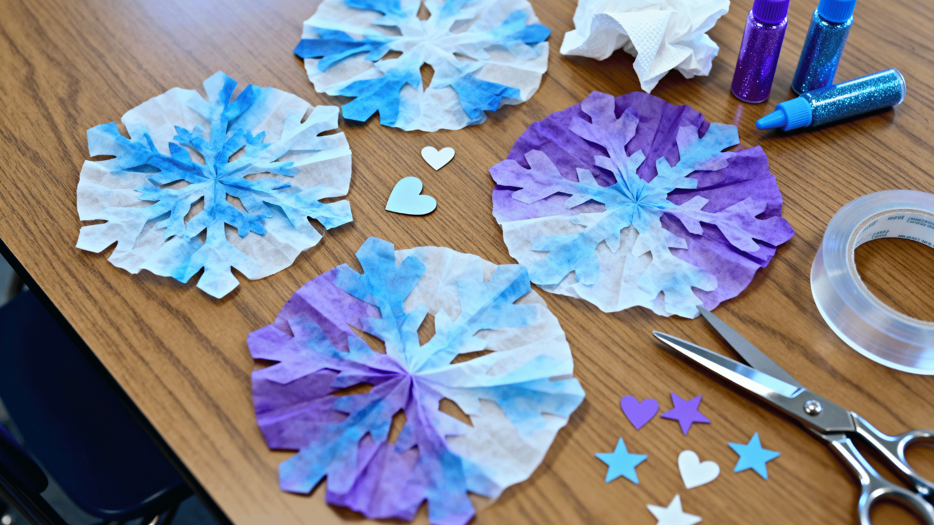 blue and purple coffee filter snowflakes on a winter craft table with scissors, glitter glue, tape, and towels