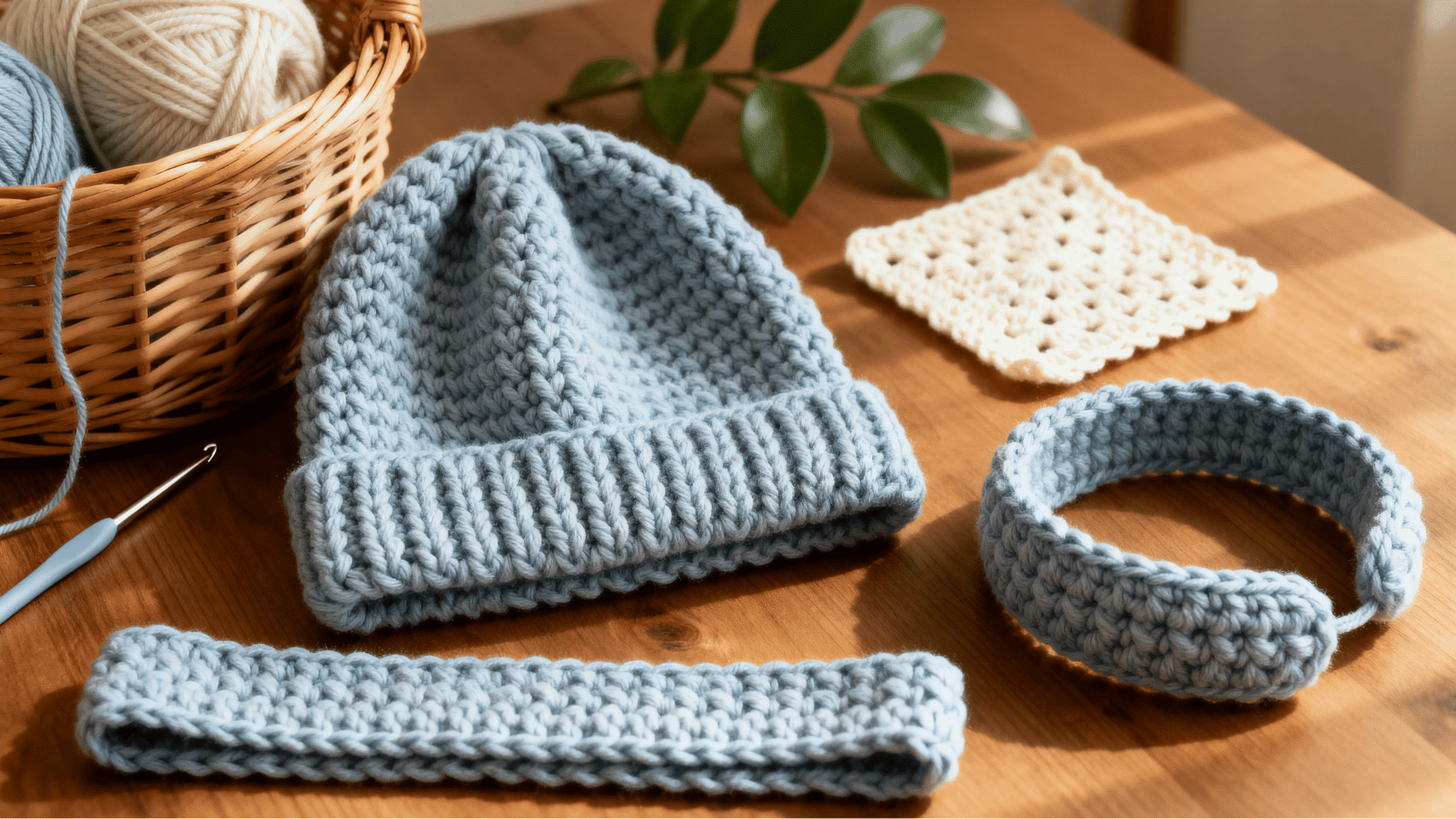 blue half double crochet hat, headband, and ear warmer on a wooden table with yarn basket nearby